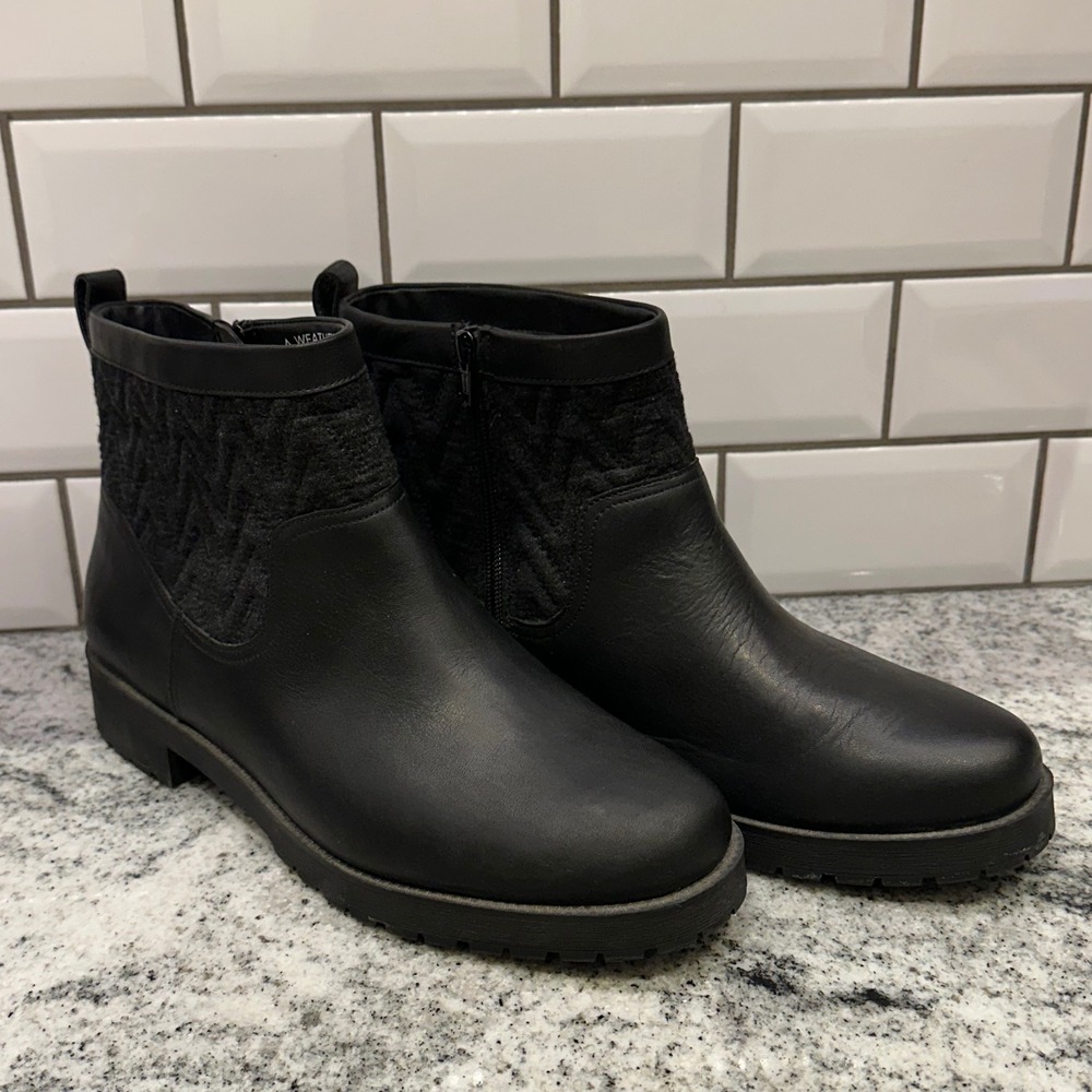 Vionic Womens 12 Maple Ankle Boots Black Leather Quilted Weather Resistant Lug